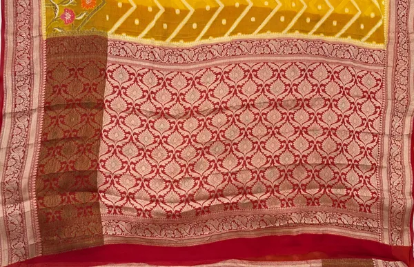 Humairah_Presents_Pure_Handloom_Yellow_Chiffon_Stripe_Zari_Zig-Zag_Booti_Skirt_Paithani_Border_with_Contrast_Red_Floral_Zari_Border_and_Red_Blouse
