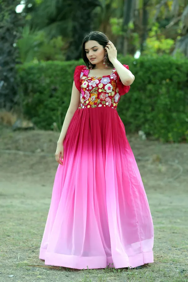 FOXDX_Women_Embroidered_Gown_Kurta_(Pink,_White_&_Maroon)