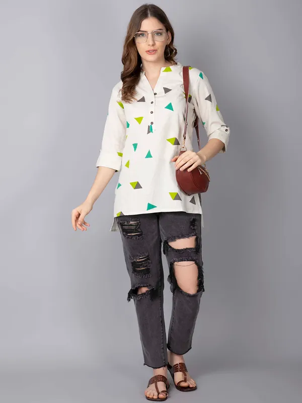 White_Cotton_Printed_Straight_Short_Kurti_(Multicolored)