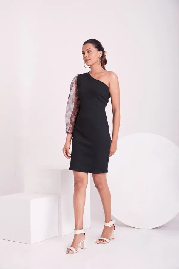 One_Shoulder_3/4_Puff_sleeves_Knited_solid_Bodycon_Dress