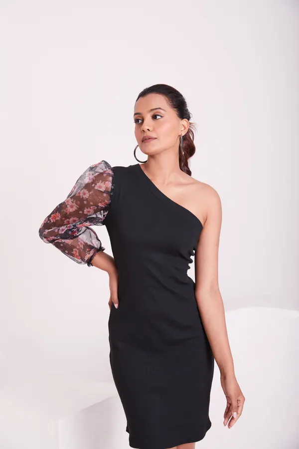 One_Shoulder_3/4_Puff_sleeves_Knited_solid_Bodycon_Dress