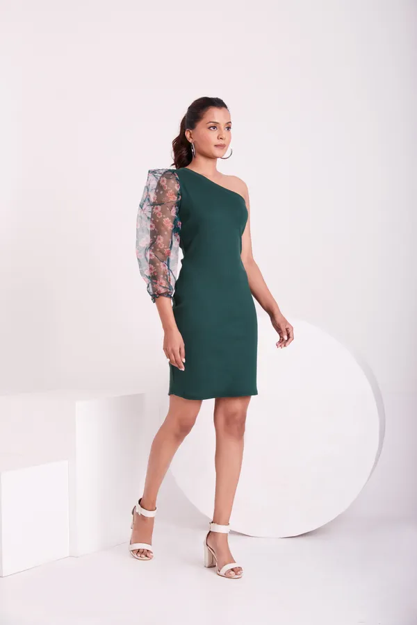 One_Shoulder_3/4_Puff_sleeves_Knited_solid_Bodycon_Dress