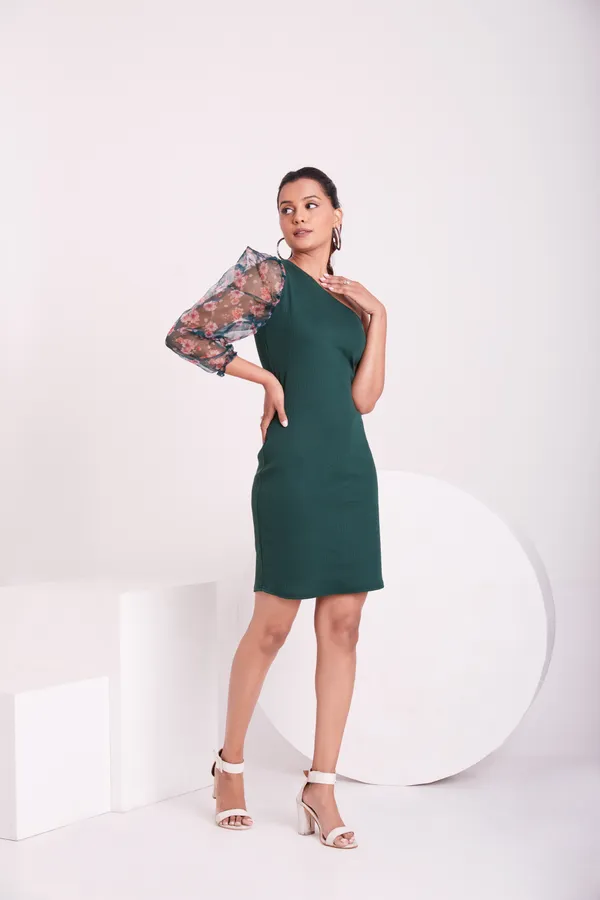 One_Shoulder_3/4_Puff_sleeves_Knited_solid_Bodycon_Dress