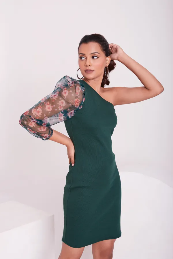 One_Shoulder_3/4_Puff_sleeves_Knited_solid_Bodycon_Dress