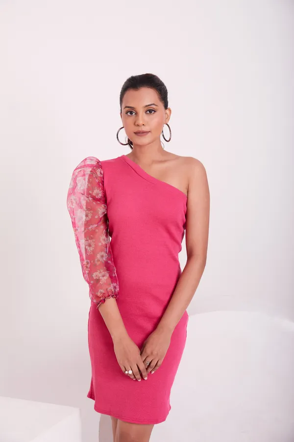 One_Shoulder_3/4_Puff_sleeves_Knited_solid_Bodycon_Dress