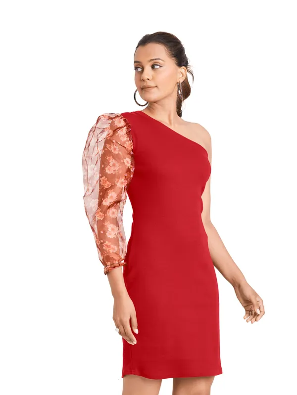 One_Shoulder_3/4_Puff_sleeves_Knited_solid_Bodycon_Dress