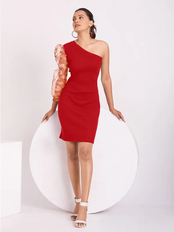 One_Shoulder_3/4_Puff_sleeves_Knited_solid_Bodycon_Dress