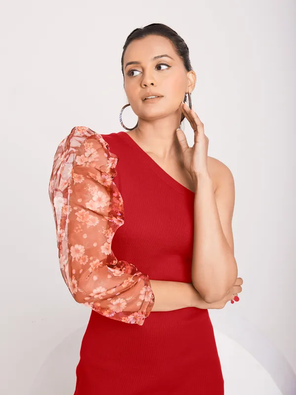 One_Shoulder_3/4_Puff_sleeves_Knited_solid_Bodycon_Dress