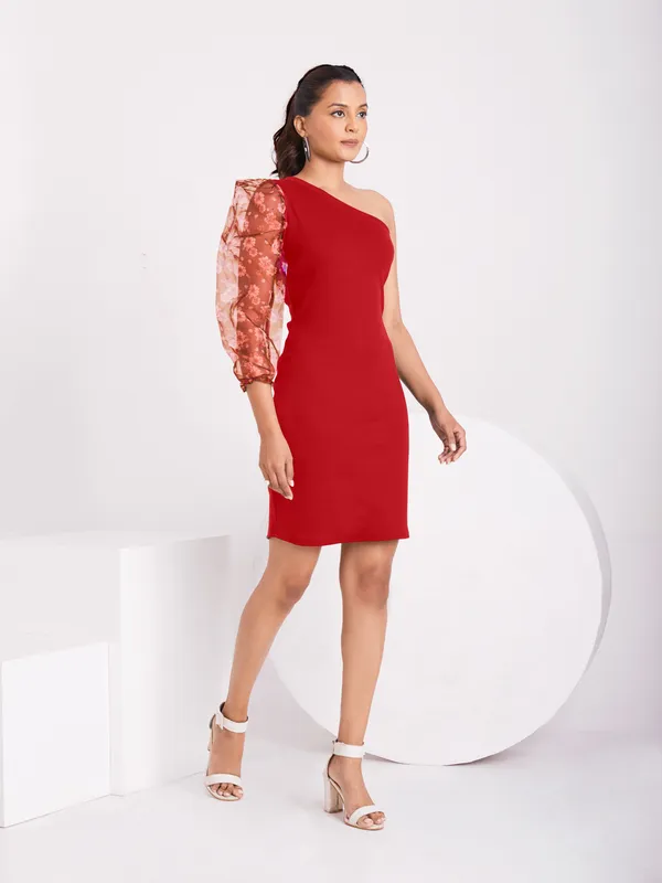 One_Shoulder_3/4_Puff_sleeves_Knited_solid_Bodycon_Dress