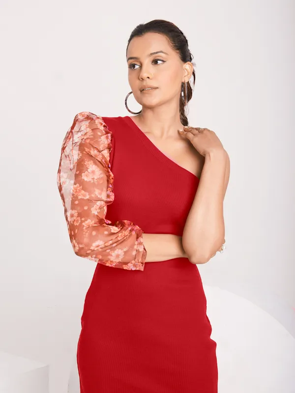 One_Shoulder_3/4_Puff_sleeves_Knited_solid_Bodycon_Dress