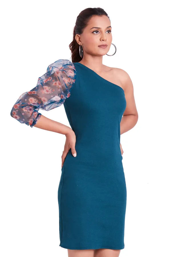 One_Shoulder_3/4_Puff_sleeves_Knited_solid_Bodycon_Dress