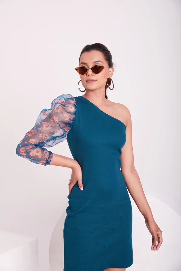 One_Shoulder_3/4_Puff_sleeves_Knited_solid_Bodycon_Dress