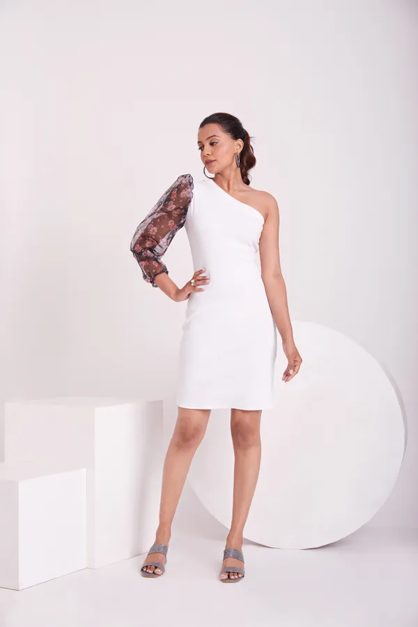 One_Shoulder_3/4_Puff_sleeves_Knited_solid_Bodycon_Dress