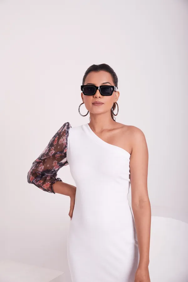 One_Shoulder_3/4_Puff_sleeves_Knited_solid_Bodycon_Dress