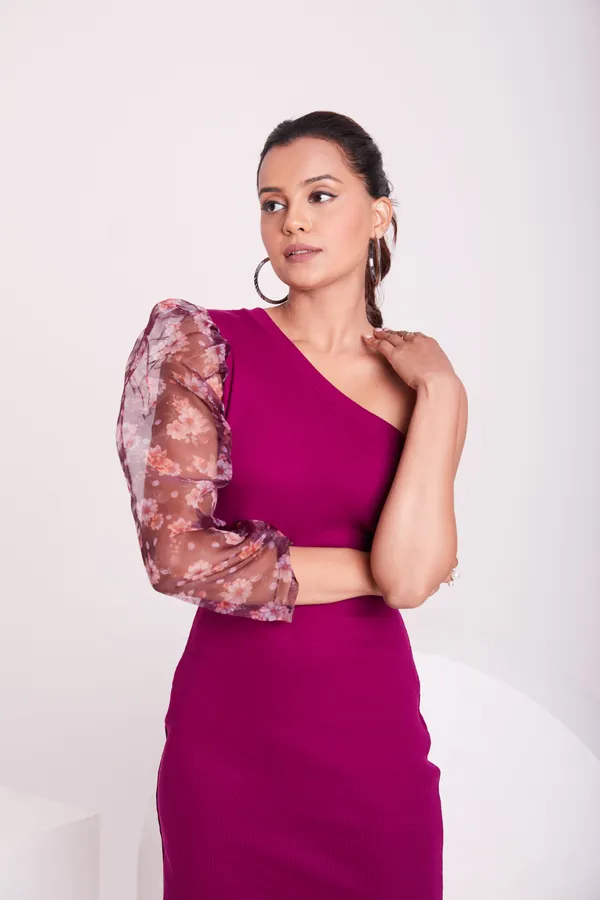 One_Shoulder_3/4_Puff_sleeves_Knited_solid_Bodycon_Dress