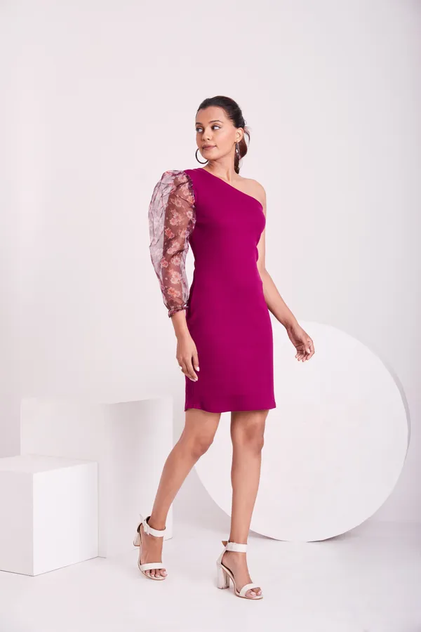 One_Shoulder_3/4_Puff_sleeves_Knited_solid_Bodycon_Dress
