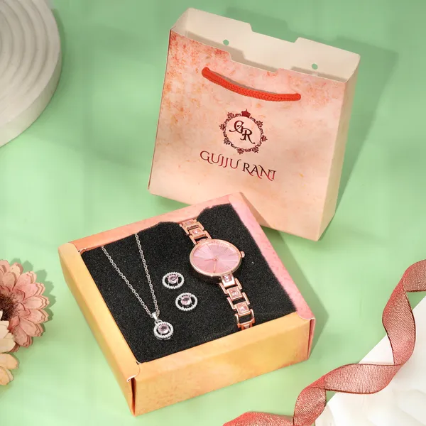 Special_Pink_Analog_Wrist_Watch_And_Pendant_Set_For_special_Gift_