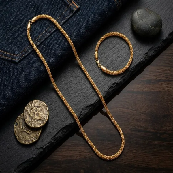 Men's_Gold-Plated_Wheat_Chain_&_Bracelet_Combo(Pack_Of_2)