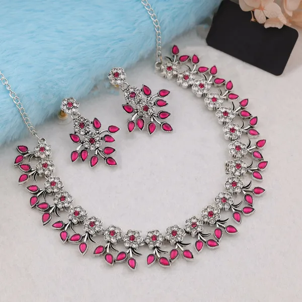 Silver_Plated_Peach_Colour_Necklace_With_Earrings_For_Womens