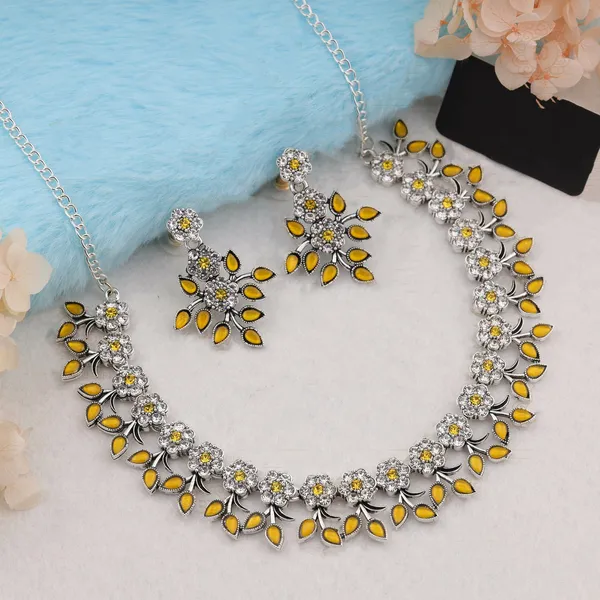 Silver_Plated_Yellow_Colour_Necklace_With_Earrings_For_Womens