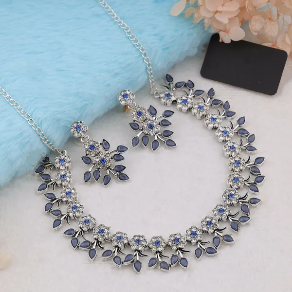 Silver_Plated_Blue_Colour_Necklace_With_Earrings_For_Womens