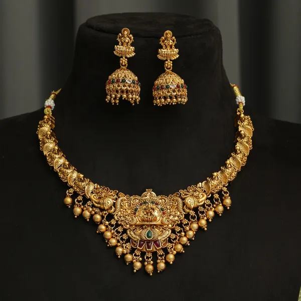 3D_Temple_Design_Antique_Gold_Plated_Necklace_Set_with_Jhumka_Earrings_for_Women
