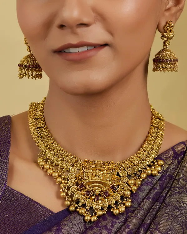 3D_Temple_Design_Antique_Gold_Plated_Necklace_Set_with_Jhumka_Earrings_for_Women