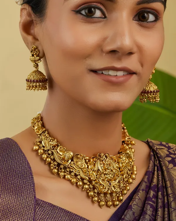 3D_Temple_Design_Antique_Gold_Plated_Necklace_Set_with_Jhumka_Earrings_for_Women
