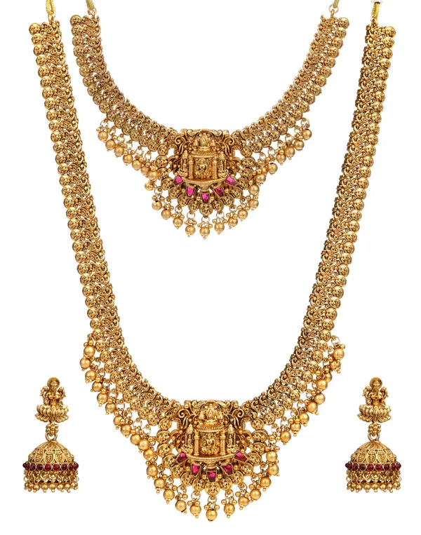 3D_Temple_Jewellery_Combo_Set_for_Women_with_Layered_Haram,_Choker_Necklace_and_Jhumka_Earrings__Description: