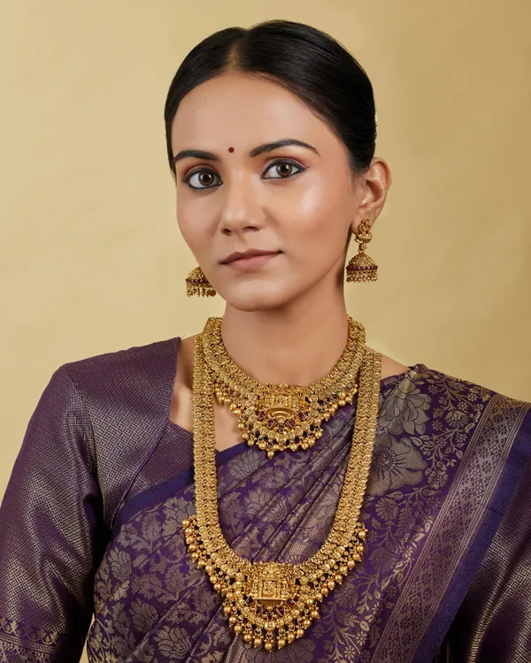 3D_Temple_Jewellery_Combo_Set_for_Women_with_Layered_Haram,_Choker_Necklace_and_Jhumka_Earrings__Description: