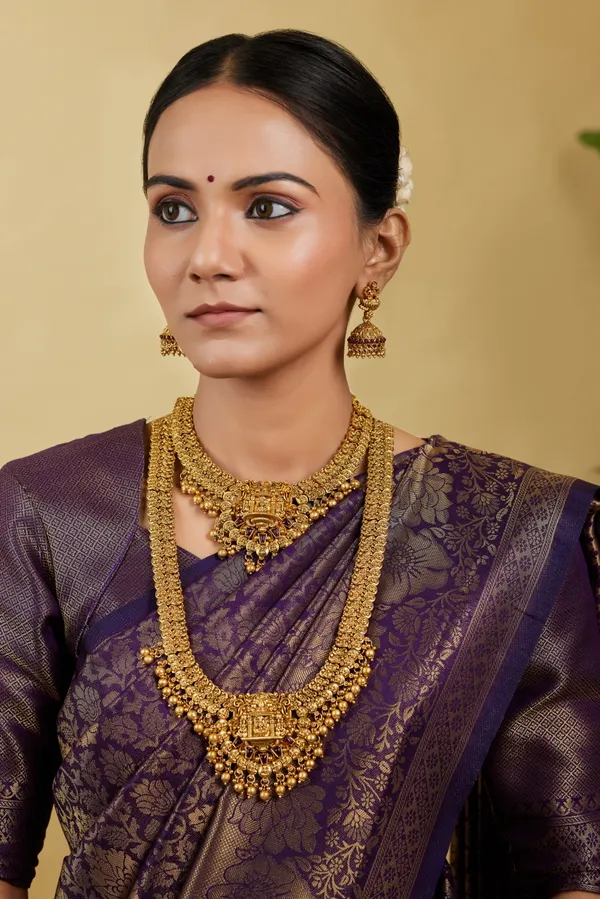 3D_Temple_Jewellery_Combo_Set_for_Women_with_Layered_Haram,_Choker_Necklace_and_Jhumka_Earrings__Description: