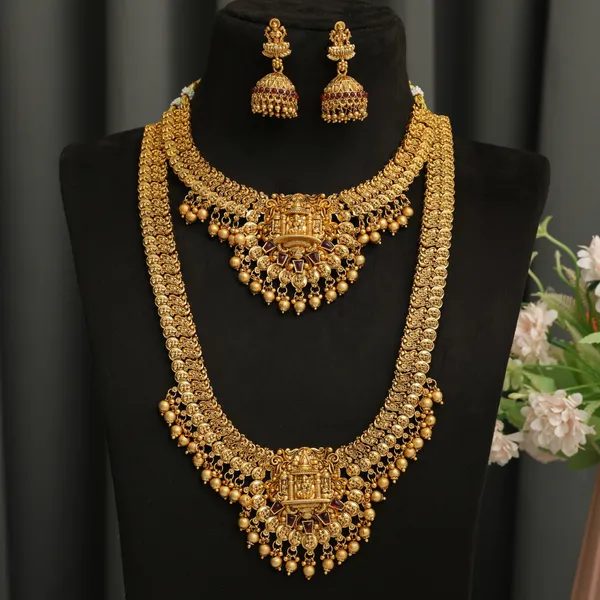 3D_Temple_Jewellery_Combo_Set_for_Women_with_Layered_Haram,_Choker_Necklace_and_Jhumka_Earrings__Description: