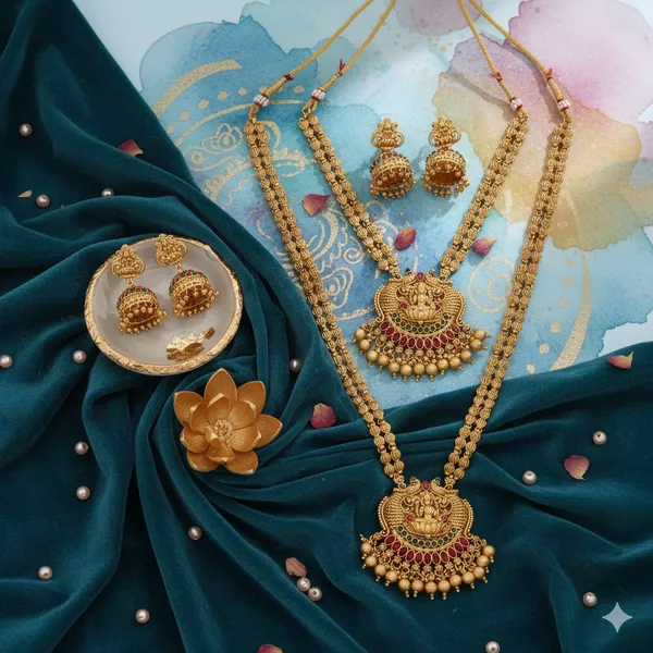 Classic_Pearl_Gold_Plated__Long_Haram_combo_temple_jewellery_Necklace_Set_With_Earrings_For_Women