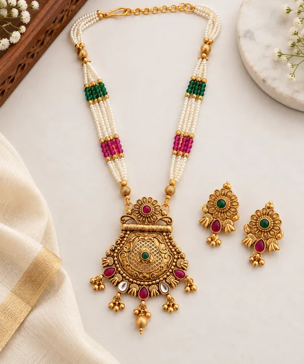 Traditional_Gold-Plated_Temple_Jewellery_Pearl_&_Ruby_Green_Stone_Long_Necklace_Set