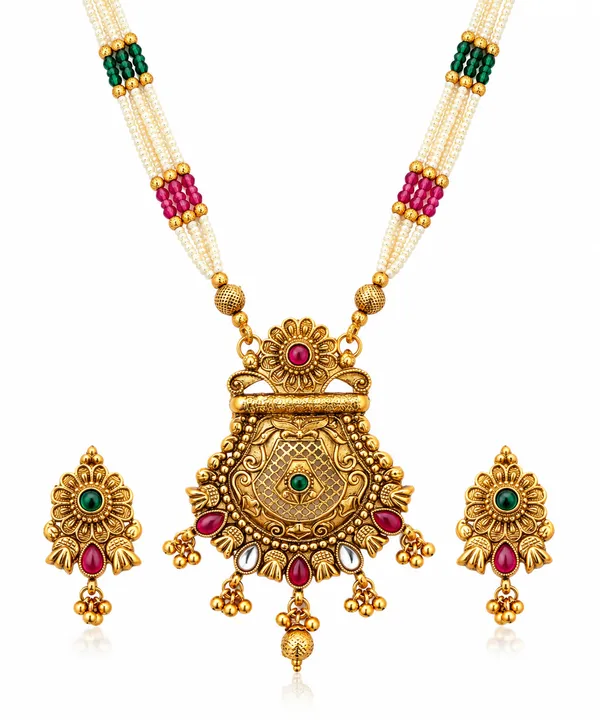 Traditional_Gold-Plated_Temple_Jewellery_Pearl_&_Ruby_Green_Stone_Long_Necklace_Set