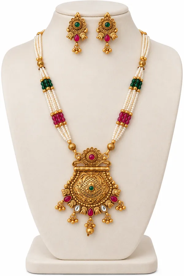 Traditional_Gold-Plated_Temple_Jewellery_Pearl_&_Ruby_Green_Stone_Long_Necklace_Set