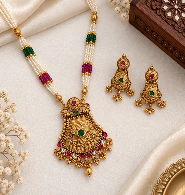 Traditional_Gold_Plated_Temple_Necklace_Set_with_Green_&_Ruby_Stones_and_Pearl_Beads