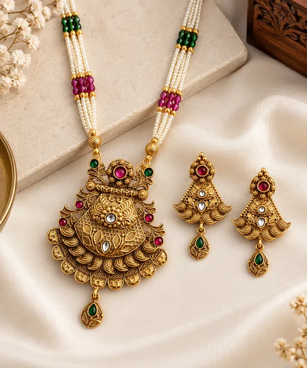 Traditional_Gold_Plated_Temple_Necklace_Set_with_Pearl_Beads,_Ruby_&_Green_Stone_Pendant_and_Matching_Earrings