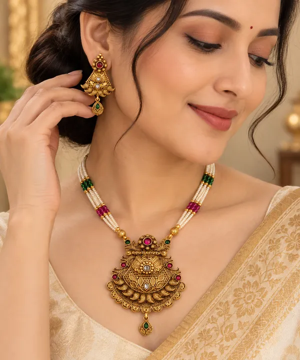 Traditional_Gold_Plated_Temple_Necklace_Set_with_Pearl_Beads,_Ruby_&_Green_Stone_Pendant_and_Matching_Earrings