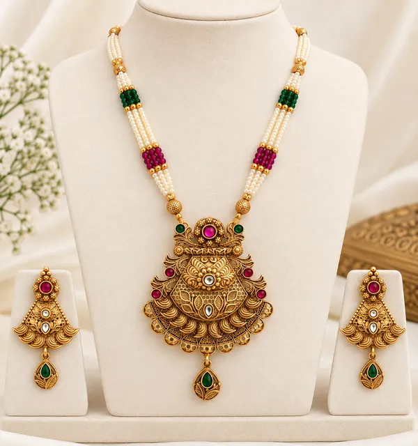Traditional_Gold_Plated_Temple_Necklace_Set_with_Pearl_Beads,_Ruby_&_Green_Stone_Pendant_and_Matching_Earrings
