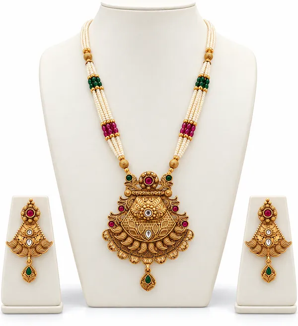 Traditional_Gold_Plated_Temple_Necklace_Set_with_Pearl_Beads,_Ruby_&_Green_Stone_Pendant_and_Matching_Earrings
