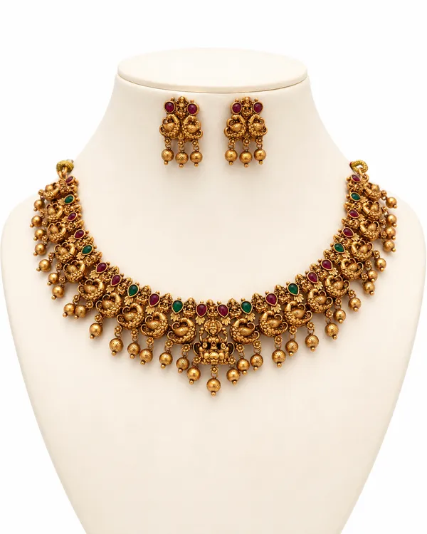 Traditional_South_Indian_Temple_Necklace_Set_with_Peacock_Motif,_Red_&_Green_Stones_and_Jhumki_Drops