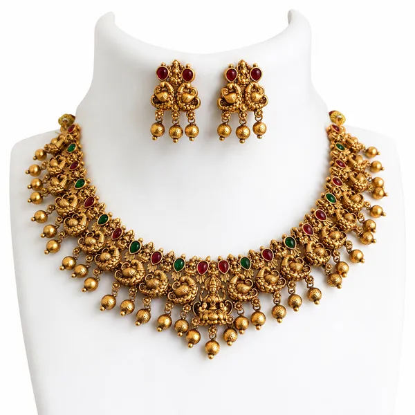 Traditional_South_Indian_Temple_Necklace_Set_with_Peacock_Motif,_Red_&_Green_Stones_and_Jhumki_Drops