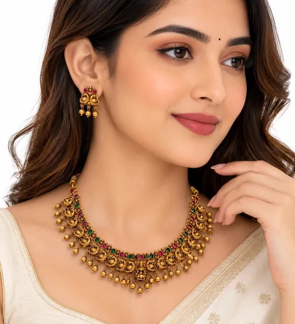 Traditional_South_Indian_Temple_Necklace_Set_with_Peacock_Motif,_Red_&_Green_Stones_and_Jhumki_Drops