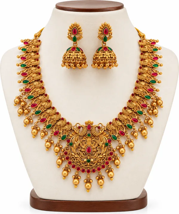 Traditional_Temple_Necklace_Set_with_Goddess_Pendant_&_Ruby_Green_Stone_Work