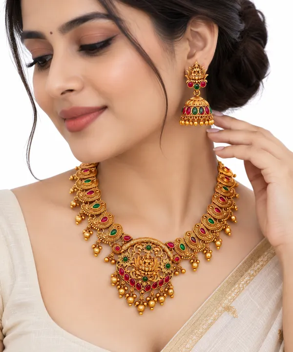 Traditional_Temple_Necklace_Set_with_Goddess_Pendant_&_Ruby_Green_Stone_Work