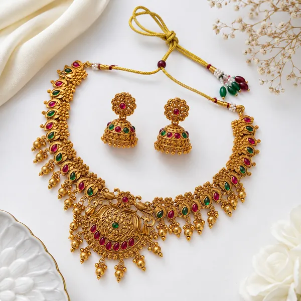 Traditional_Temple_Necklace_Set_with_Goddess_Pendant_&_Ruby_Green_Stone_Work