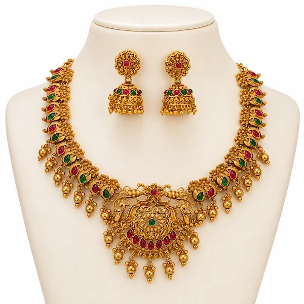 Traditional_Temple_Necklace_Set_with_Goddess_Pendant_&_Ruby_Green_Stone_Work