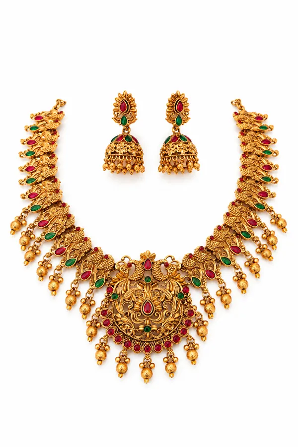 Traditional_Temple_Necklace_Set_with_Goddess_Pendant_&_Ruby_Green_Stone_Work
