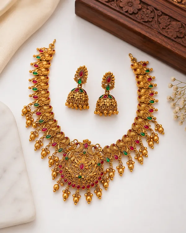 Traditional_Temple_Necklace_Set_with_Goddess_Pendant_&_Ruby_Green_Stone_Work